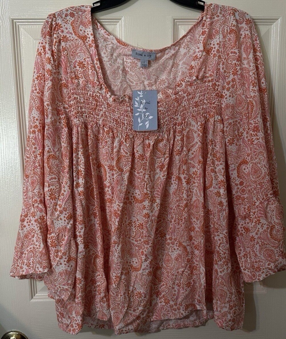 Floral and Ivy Women's Large Long Sleeve Blouse Coral Peasant Style